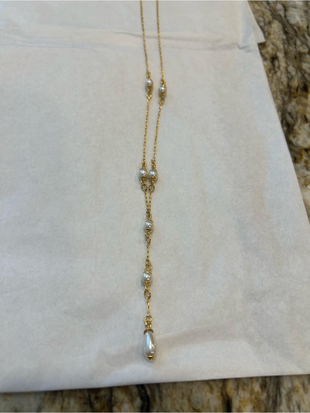 Vintage Nina Ricci Goldtone Y Chain Necklace with White Pearl Drops